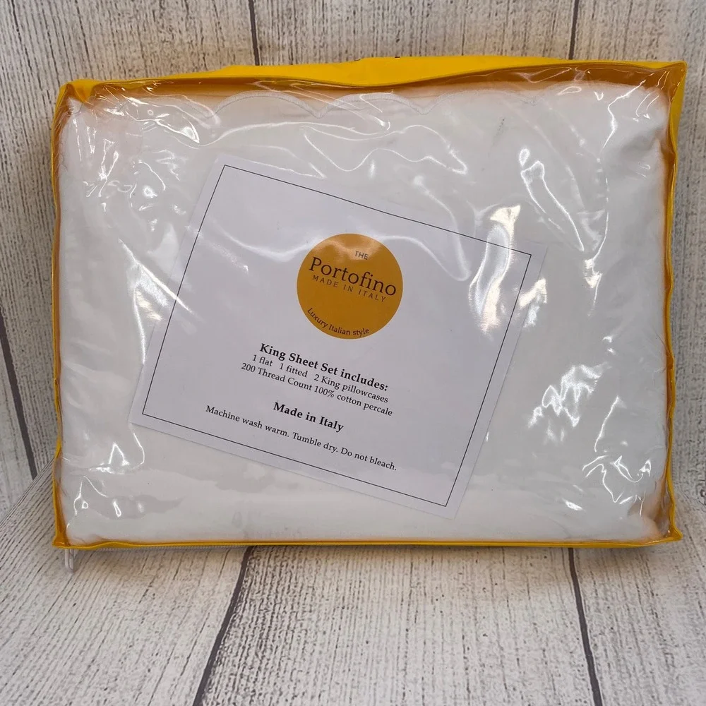 Portofino Sheet Set King White 100% Cotton Percale Scalloped Made in Italy 4pc